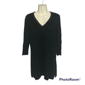 Nygard Women’s Sweater Dress Black Silver Metallic Rhinestone V Neck Size L